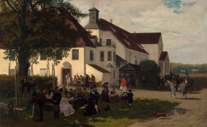 Gemälde von Franz Quaglio. Aßenansicht von Schloßwirtschaft Schleißheim um 1874, in Besitz der Städtische Galerie im Lenbachhaus München, CC0 1.0
